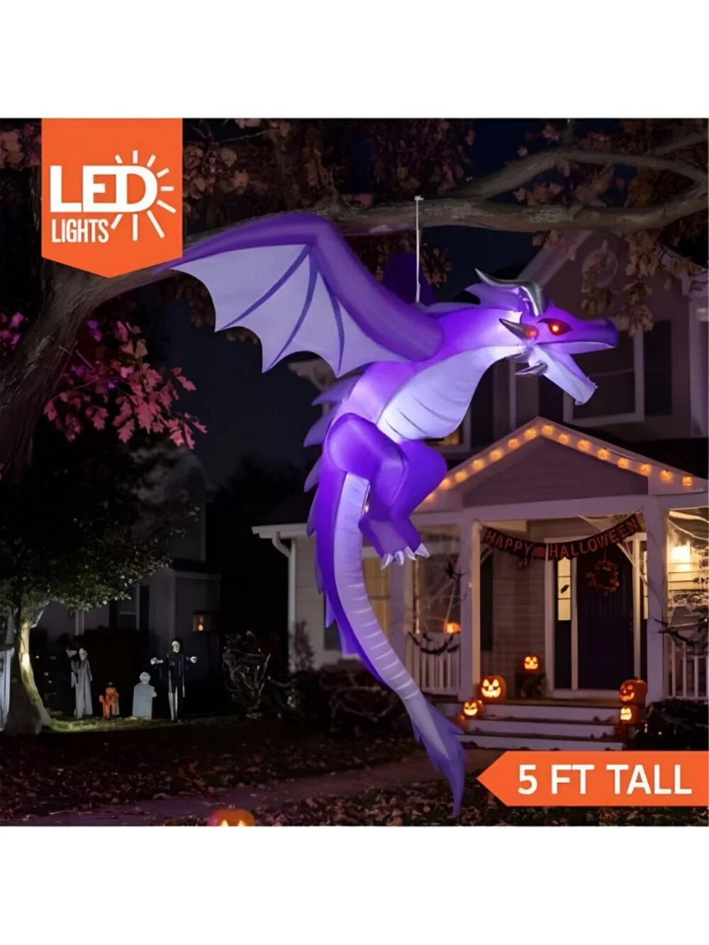 5FT Tall Halloween Inflatable Flying Purple Dragon Decoration with